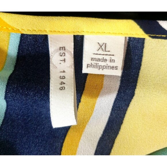 C est Womens Blouse XL V-Neck Yellow Striped Hippi Bell Sleeves Tie Front Boho - Picture 5 of 6